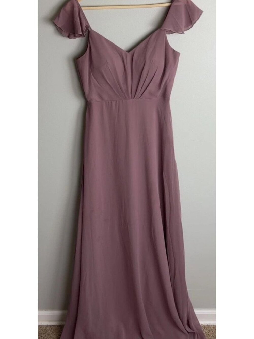 Birdy Grey Bridesmaid Dress Mauve Flutter Sleeve Chiffon Maxi Gown Size Small Wm